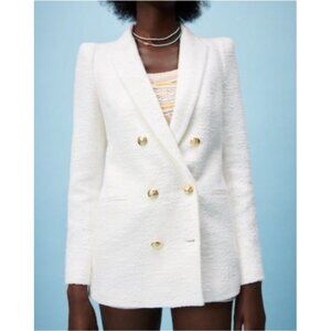 ZARA White Bouclé Double Breasted Blazer Gold Buttons Textured Jacket Women’s S